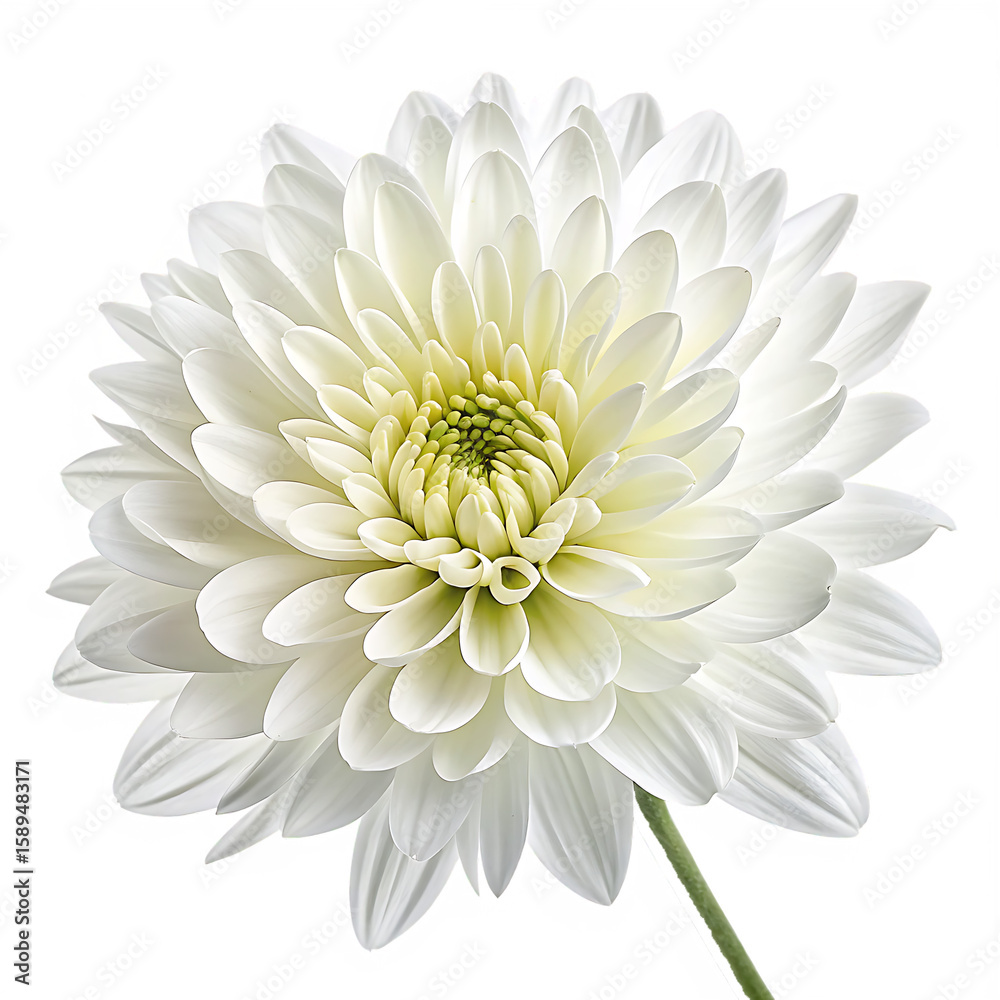 Fototapeta premium A pristine white chrysanthemum, isolated on transparent background, reveals its intricate layers of delicate petals in a captivating floral portrait