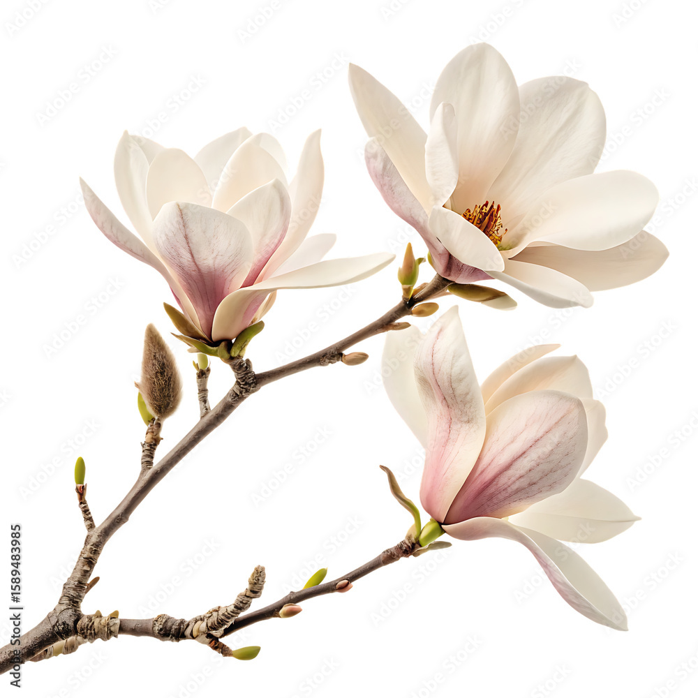 Obraz premium A delicate magnolia branch with three beautiful blossoms isolated on transparent background showcases the elegance and beauty of spring