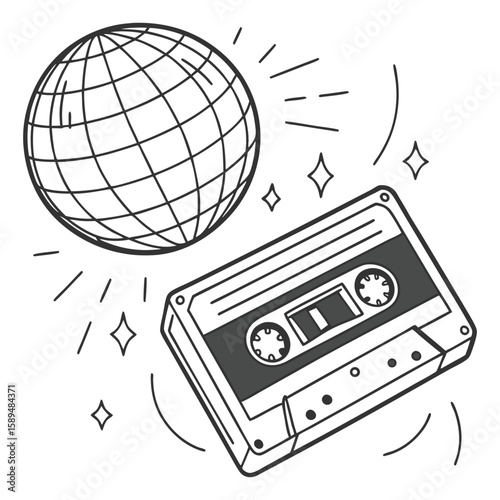 Retro disco ball and cassette player on white background