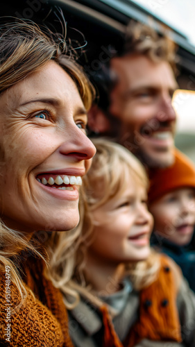 A family of four, mother, father, and two kids, joyfully looking forward during an outdoor adventure, with bright smiles on their faces.
