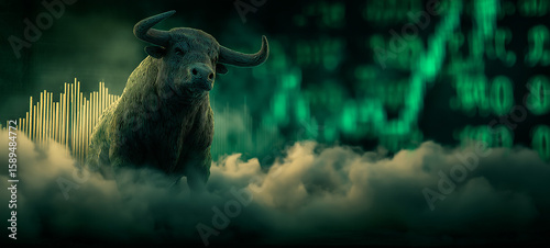 bull in front of a golden stock market bar graph with smoke around it, ultra-realistic, cinematic lighting, bright neon green stock market charts and symbols in the background