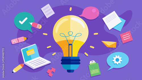 Creative Brainstorming Flat Lay: Glowing Light Bulb Surrounded by Colorful Sticky Notes Symbolizing Idea Generation Generative AI