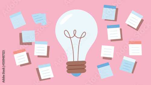 Creative Brainstorming Flat Lay: Glowing Light Bulb Surrounded by Colorful Sticky Notes Symbolizing Idea Generation Generative AI