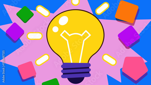 Creative Brainstorming Flat Lay: Glowing Light Bulb Surrounded by Colorful Sticky Notes Symbolizing Idea Generation Generative AI