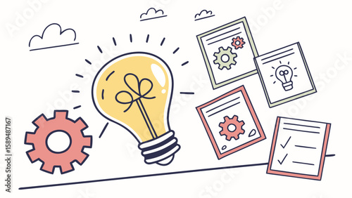 Creative Brainstorming Flat Lay: Glowing Light Bulb Surrounded by Colorful Sticky Notes Symbolizing Idea Generation Generative AI