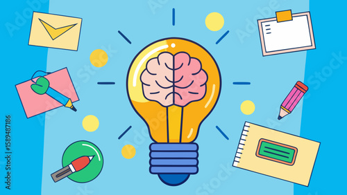 Creative Brainstorming Flat Lay: Glowing Light Bulb Surrounded by Colorful Sticky Notes Symbolizing Idea Generation Generative AI