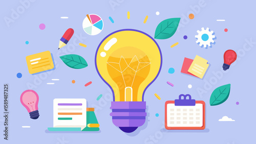 Creative Brainstorming Flat Lay: Glowing Light Bulb Surrounded by Colorful Sticky Notes Symbolizing Idea Generation Generative AI