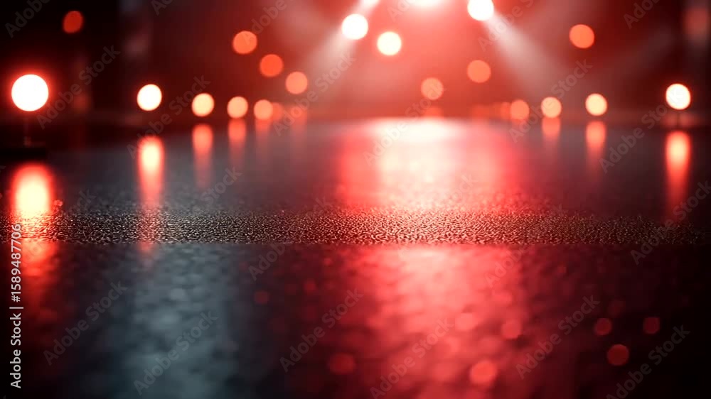 Abstract red bokeh lights background with reflections on a surface for event backdrop