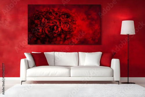 Red wall art, a white sofa, and a lamp in a red room with a white carpet