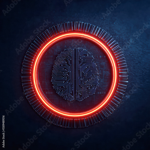 A digital brain with circuit patterns is encircled by a glowing red neon ring, symbolizing technology and artificial intelligence on a dark background.
