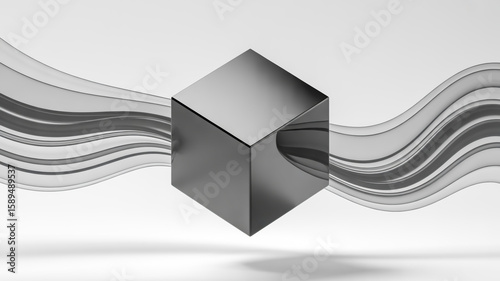A minimalist 3D rendering of a perfect black cube floating in mid-air against a white background with flowing, abstract gray smoke-like waves.