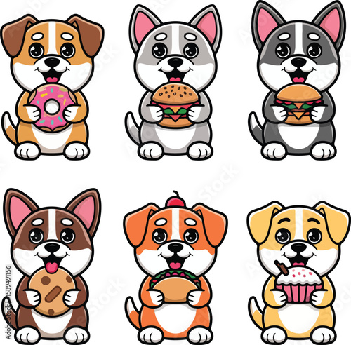 
A delicious assembly of cartoon canines, each happily clutching a tasty treat.