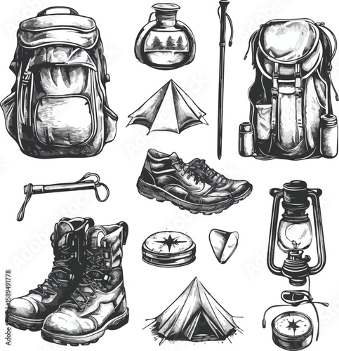 Silhouette collection of hikers with backpacks and trekking poles on white background
