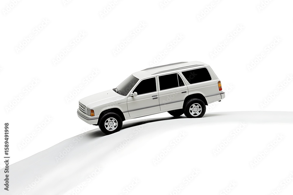 White SUV climbing on a white surface demonstrating off-road capabilities and vehicle control White SUV climbing on a white surface demonstrating off-road capabilities and vehicle control