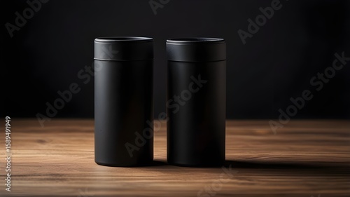 Wallpaper Mural Matte Black Cylinder Packaging Mockup on Wooden Table Torontodigital.ca