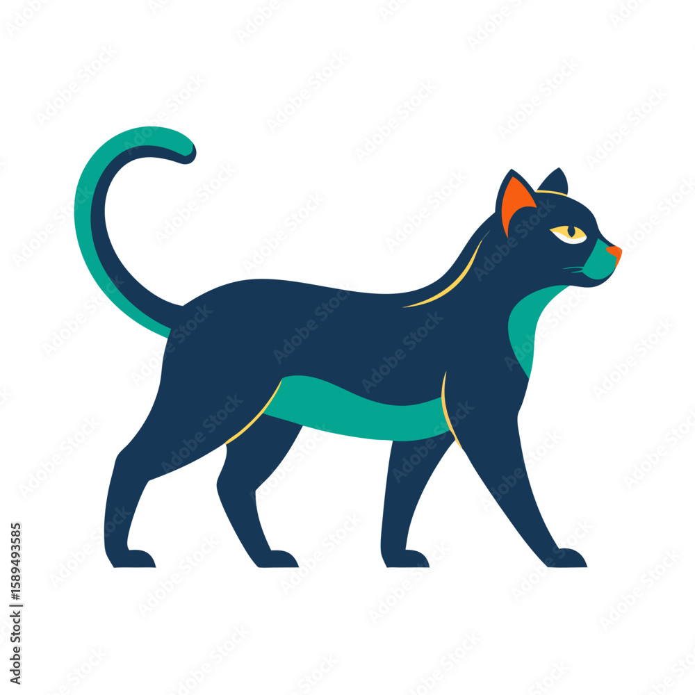 Fototapeta premium Stylized Cat in Profile – Confident Walk with Tail Up, Minimal Vector