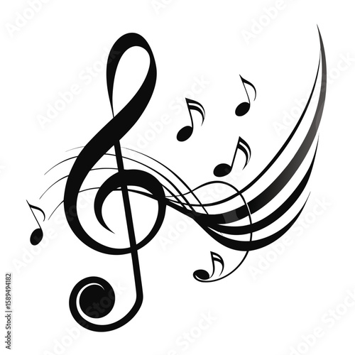 A black treble clef and music notes are depicted with swirling lines.
