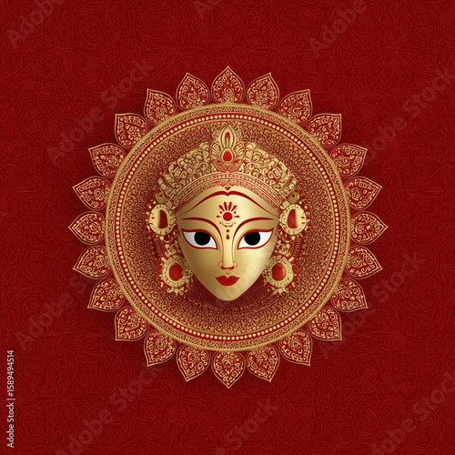 Elegant Sharad Navratri Background with Durga Face Illustration and Golden Mandala on Red Backdrop