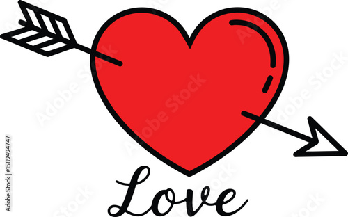 Red Heart with Arrow and Love Typography Vector Illustration