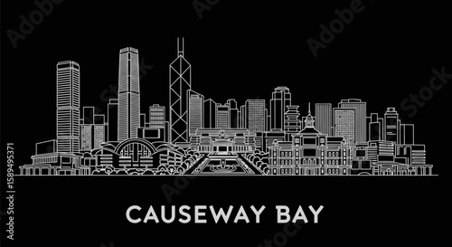Causeway Bay with Hong Kong White Line Art City Skyline Silhouette Abstract Black Background.