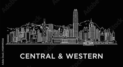 Central  Western Hong Kong Skyline Illustration in White Against Black Background.