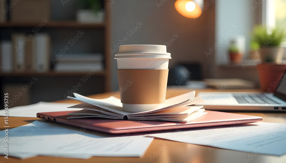 Naklejka premium paper coffee cup sits on open book, surrounded by documents and laptop, creating cozy workspace