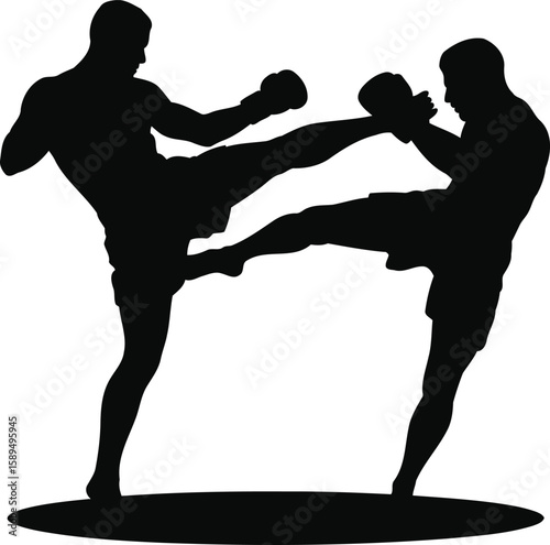Kickboxers in Action Silhouette Vector Illustration, Transparent Background.