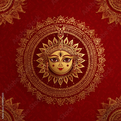 Elegant Sharad Navratri Background with Durga Face Illustration and Golden Mandala on Red Backdrop