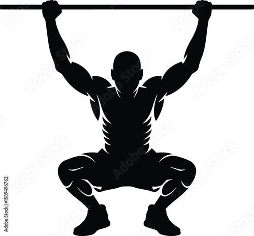 Muscular Weightlifter Silhouette Lifting Barbell, Vector Design with Transparent Background.