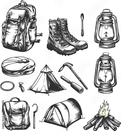 Hiking and Trekking Silhouettes with Backpacks and Poles on White Background
