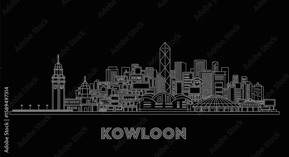 Obraz premium Kowloon Skyline Hong Kong Cityscape Line Art.
