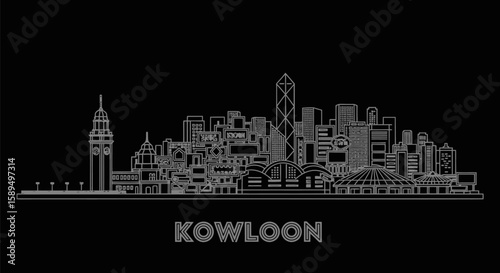 Kowloon Skyline Hong Kong Cityscape Line Art.