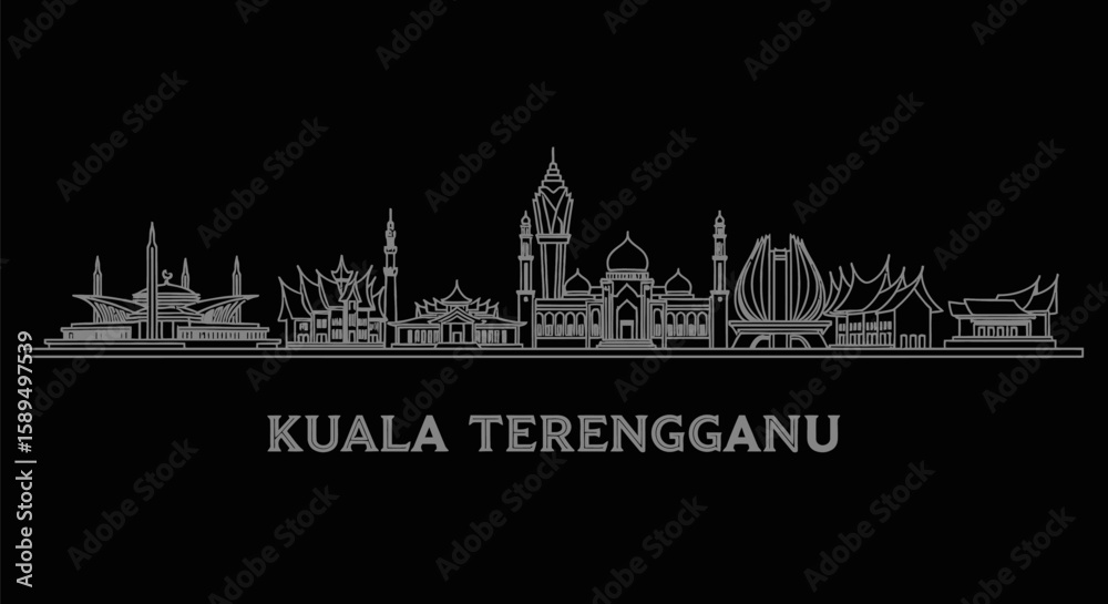 Fototapeta premium Kuala Terengganu with Malaysia, Cityscape Silhouette Line Art, Black Background, and Travel.