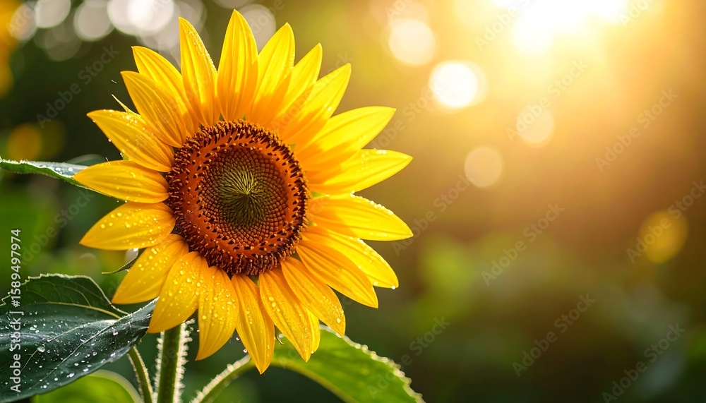 Naklejka premium Blooming sunflower glistening with morning dew in soft sunlight against a natural background