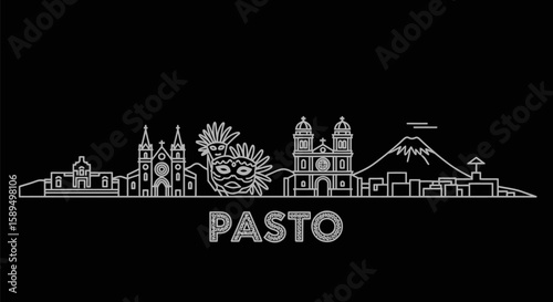 Panto Colombia City Skyline Outline with Volcano  Carnival Mask on Black.