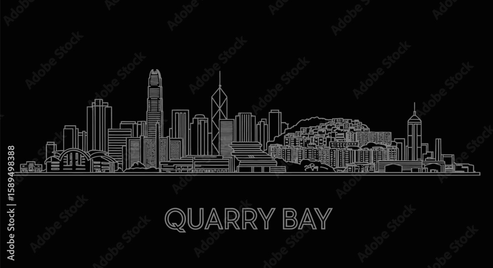 Obraz premium Quarry Bay with Hong Kong Cityscape Skyline Line Art Black background, and architectural.