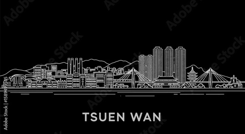Tsuen Wan with Hong Kong Cityscape Line Art on Black, and Architectural Design.