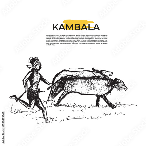 Illustration of Kambala is a traditional buffalo race festival celebrated in the coastal districts of Karnataka, India, Mangaluru, tulunad