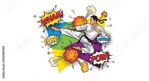 Woman in White Karate Gi Executing a Powerful Kick, Pop Art Style Illustration