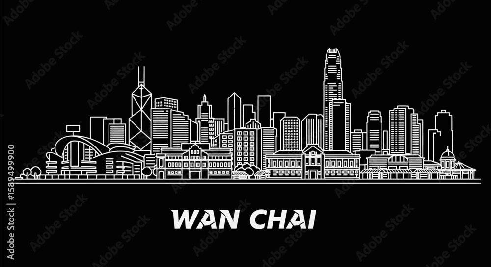Fototapeta premium Wan Chai Skyline Hong Kong Cityscape Minimalist Line Art.