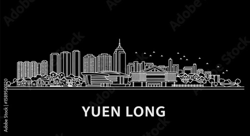 Yuen Long with Hong Kong Skyline Silhouette, Black  White Outline, and Travel Illustration.