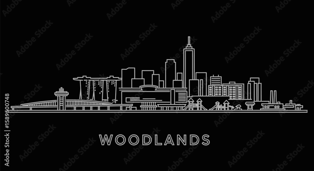 Fototapeta premium Woodlands Cityscape Glow Singapores Skyline in Elegant Line Art.