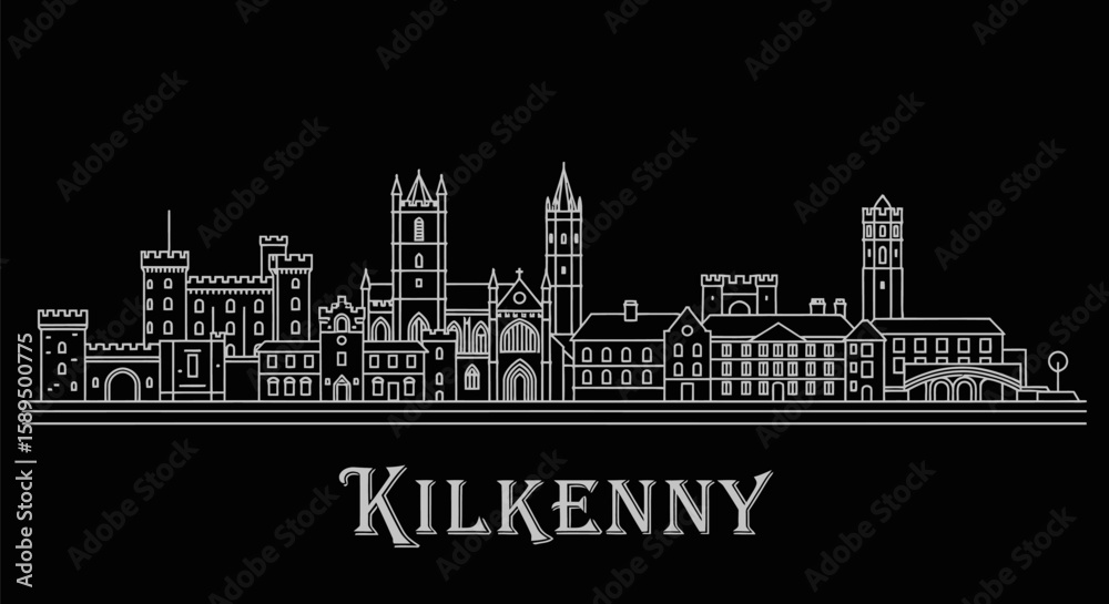 Naklejka premium Kilkenny Skyline Silhouette Irelands Medieval Heritage in Line Art.