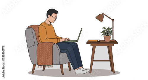 Man Working from Home on Laptop Casual Setting