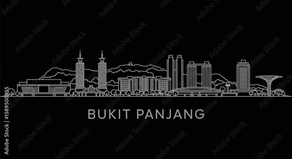 Fototapeta premium Bukit Panjang Skyline Minimalist White Outline on Black Singapore Urban.