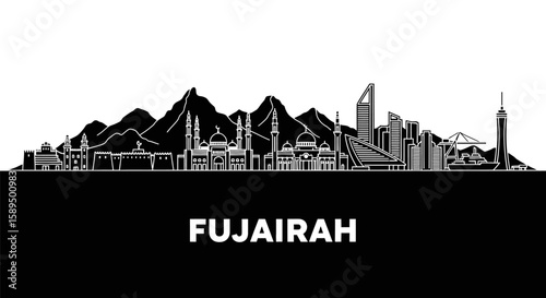 Fujairah with UAE, Skyline Silhouette Cityscape, Modern Architecture, and Mountains.