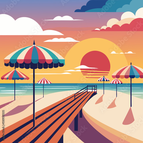 Beach scene sunset with parasols and wooden pier illustration