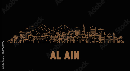 Al Ain Skyline Minimalist Brown Outline Against Black Backdrop.