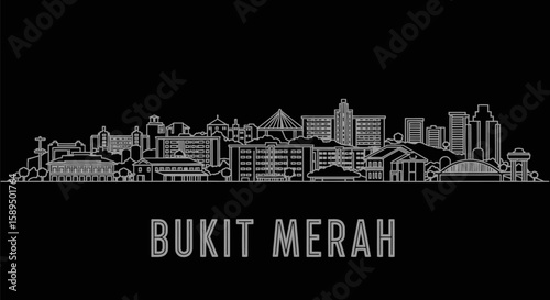 Bukit Merah Skyline Minimalist White Outline on Black Background.