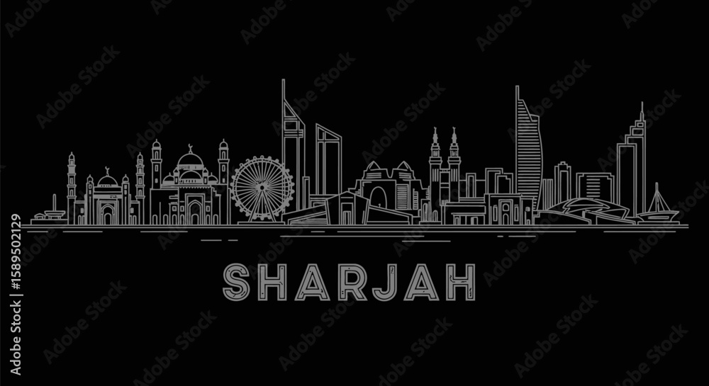 Fototapeta premium Sharjah Skyline in Light Modern Architecture on Dark Backdrop.